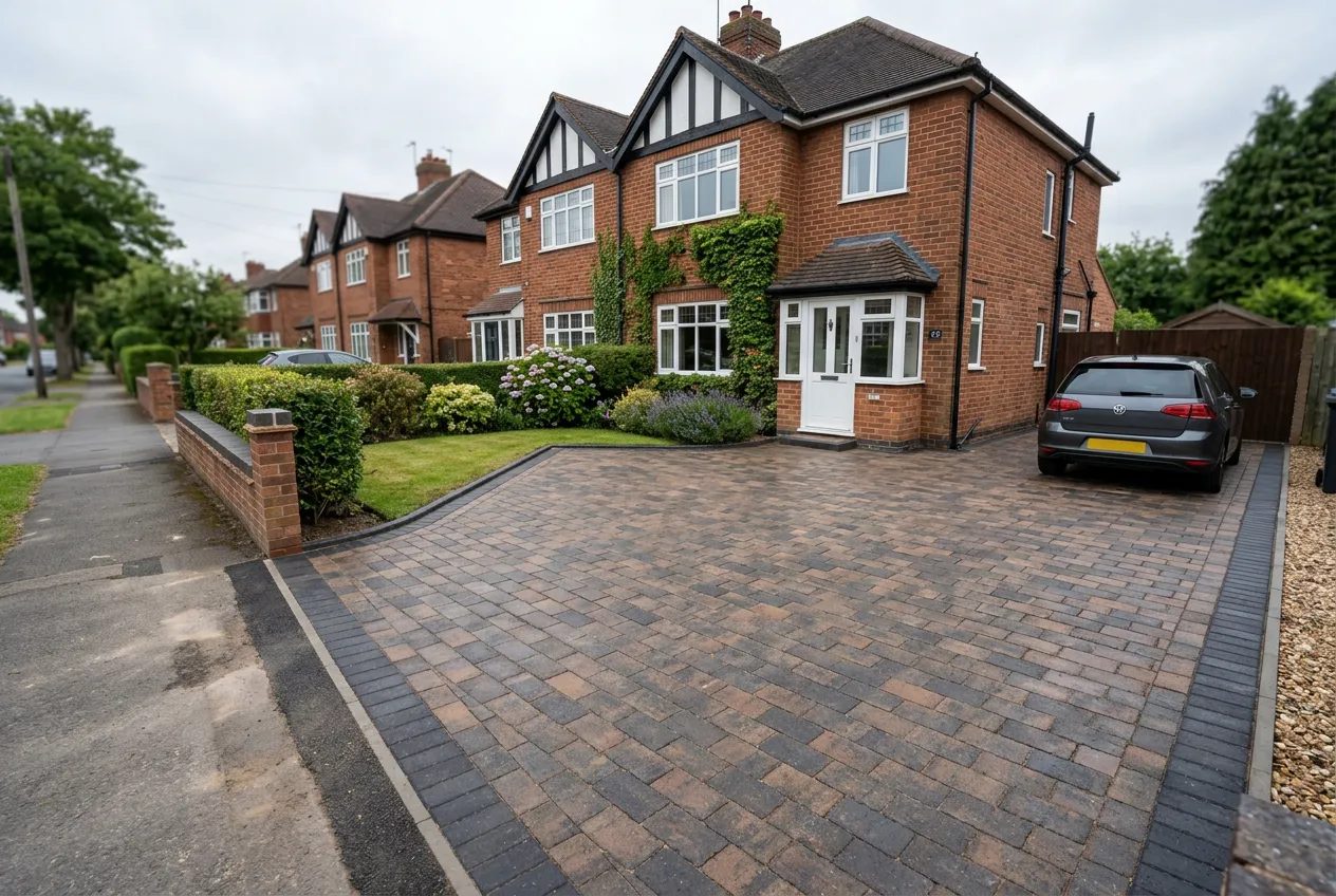 Charcoal and brindle block paving driveway before a 1930s brick semi