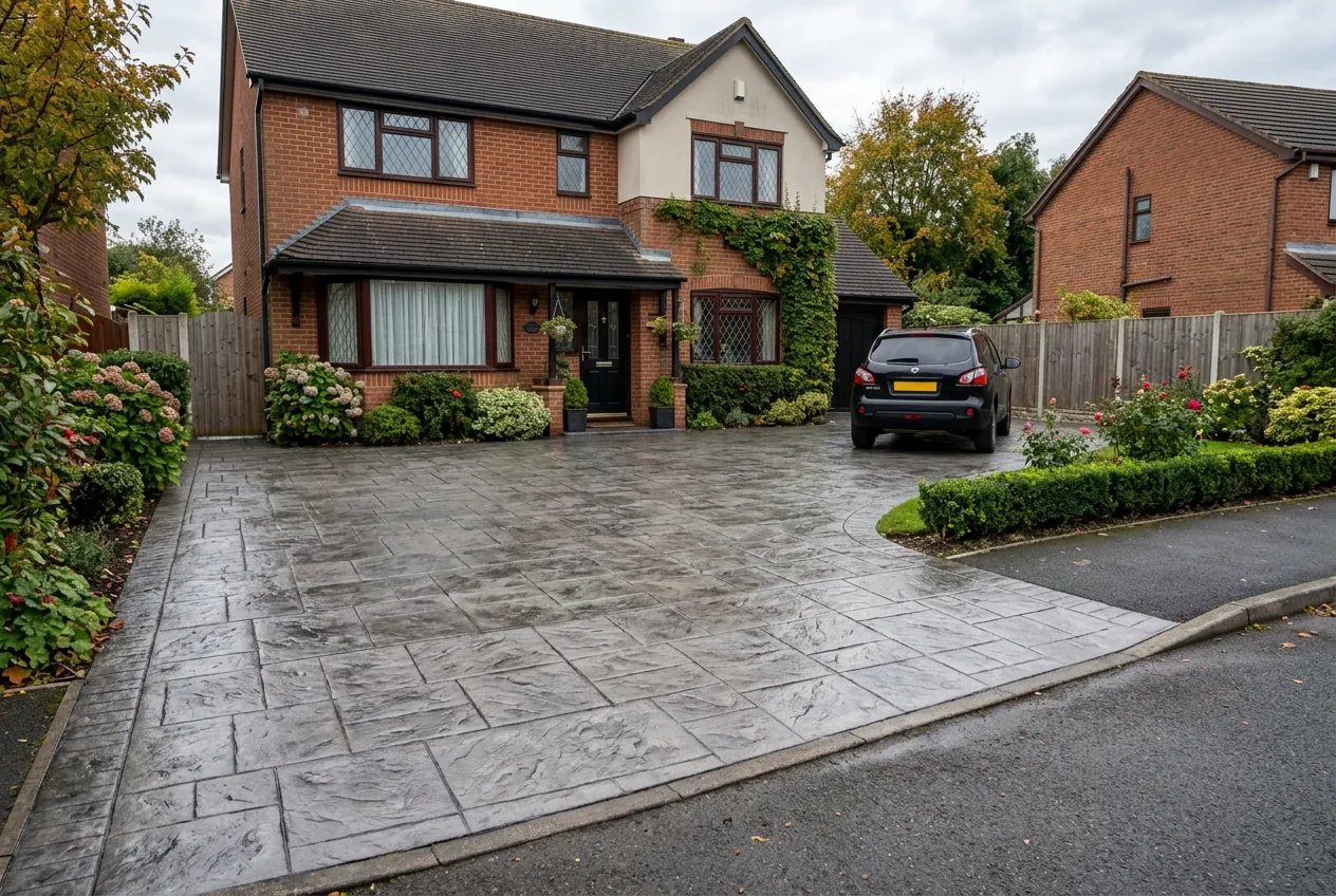 Warm grey ashlar slate imprinted concrete driveway before a suburban detached house
