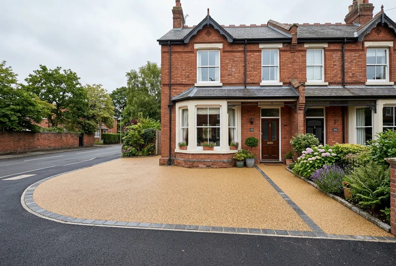 Natural golden resin bound driveway before a Victorian red-brick terrace
