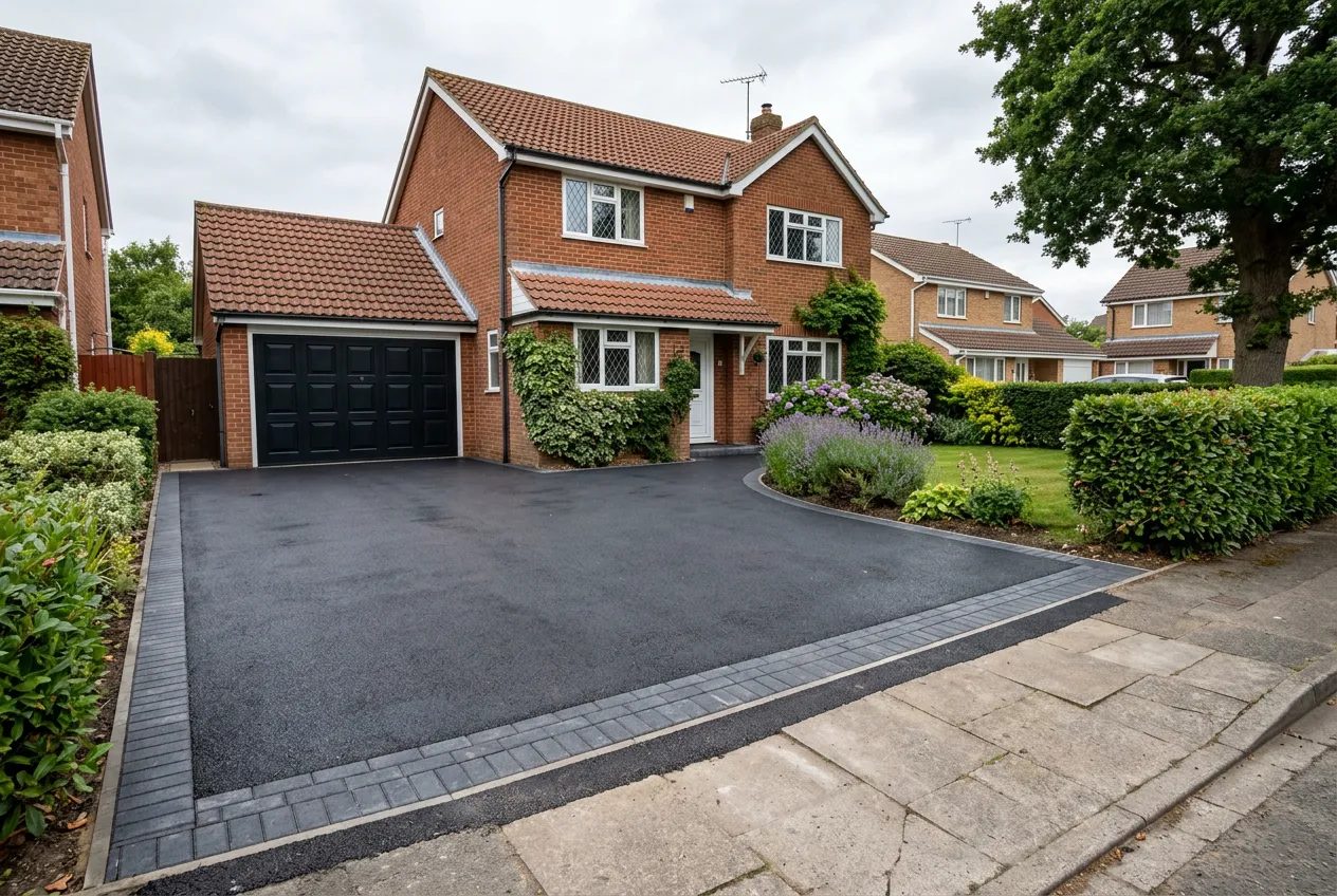 Fresh black tarmac double driveway with charcoal block edging before a detached house